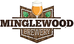 Minglewood logo featuring a single beer surrounded by hops on a wooden background